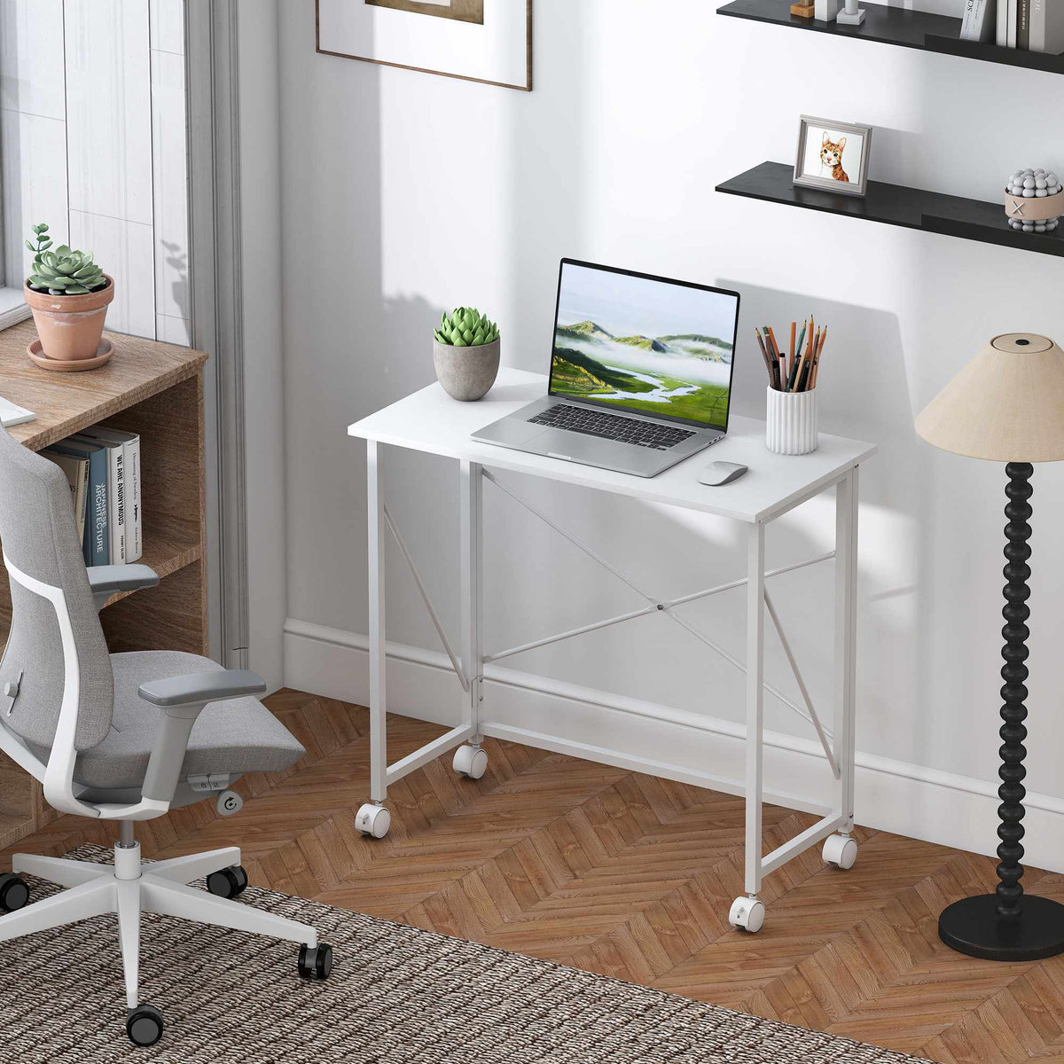 Folding Desk with Wheels, Steel Frame, 80x40x75 cm, White