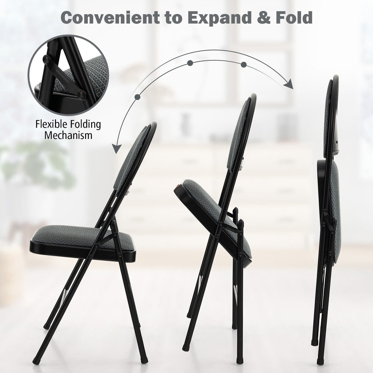 Folding Dining Chairs, Padded Backrest, Set of 4, Gray