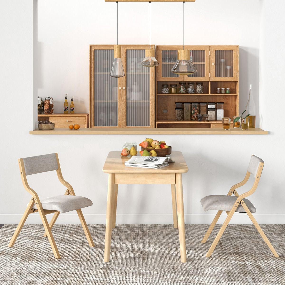 Folding Dining Chairs, Set of 2, Linen, Solid Wood