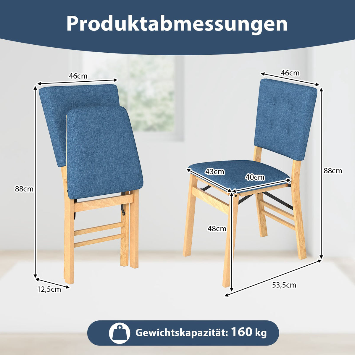 Folding Dining Chairs Set of 2, Padded Seat, Blue Linen