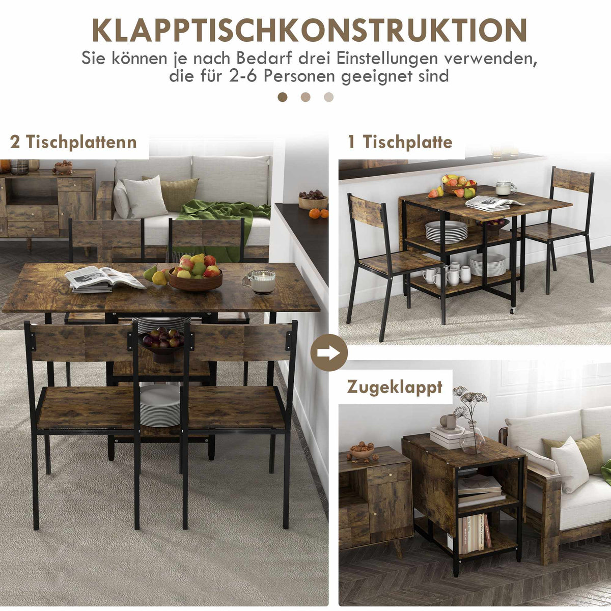 Folding Dining Table, Industrial Design, 140x80x75 cm, Brown/Black