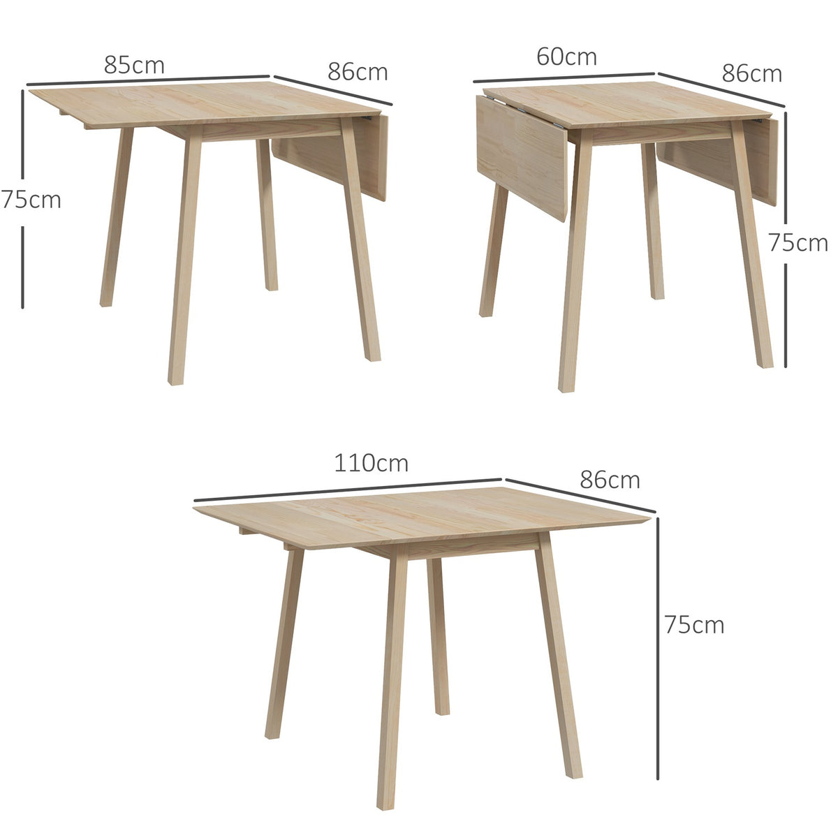 Folding Dining Table, Kitchen Table For 2-4 People, Folding Table, Dining Room Table Made Of Wood, For Small Rooms, 110 X 86 X 75 Cm, Natural