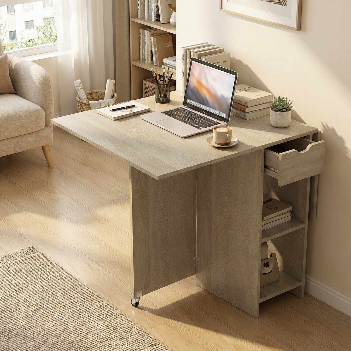 Folding Dining Table for 2-4, Rolling with Drawer, Natural Wood