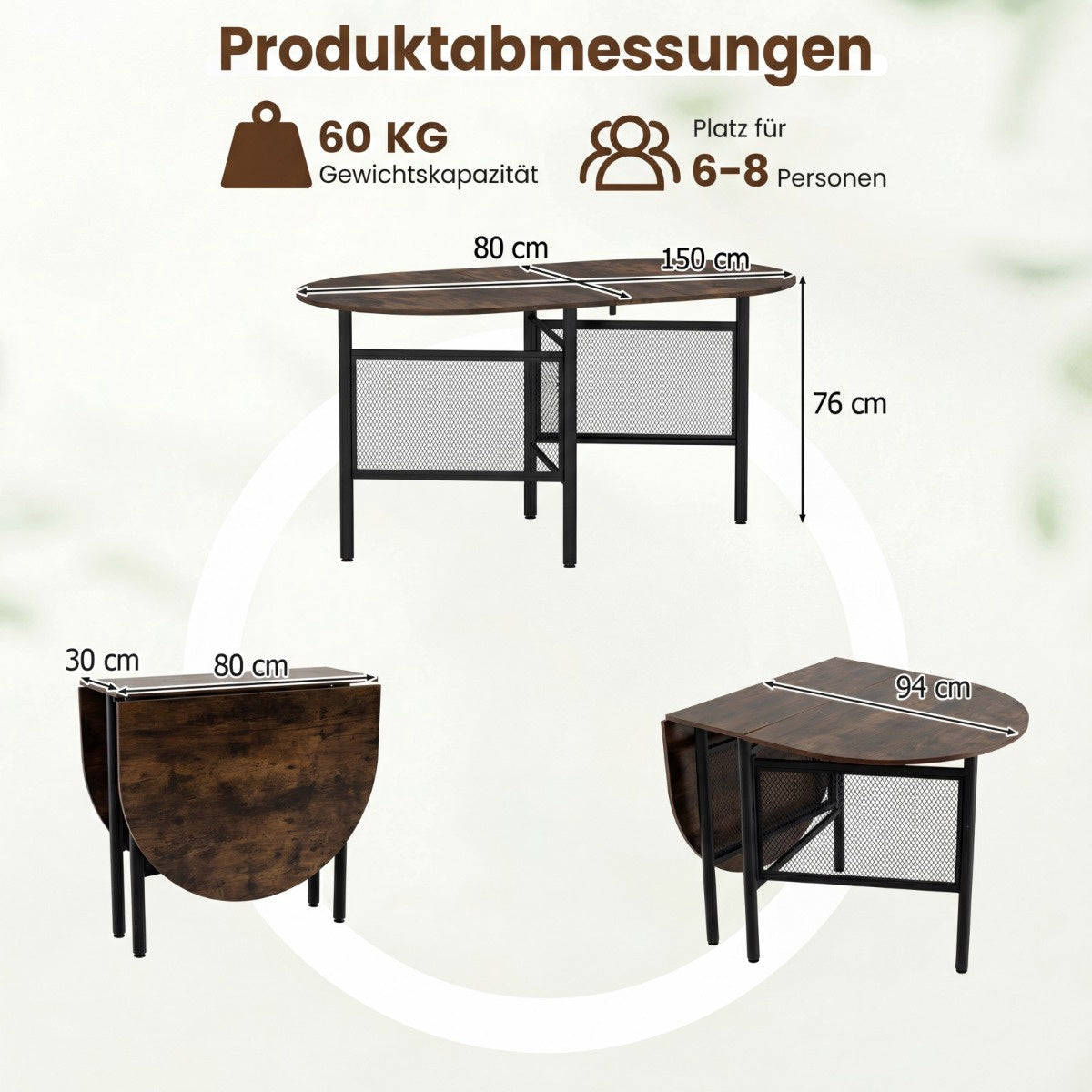 Folding Dining Table for 6-8, Space-Saving Oval Design