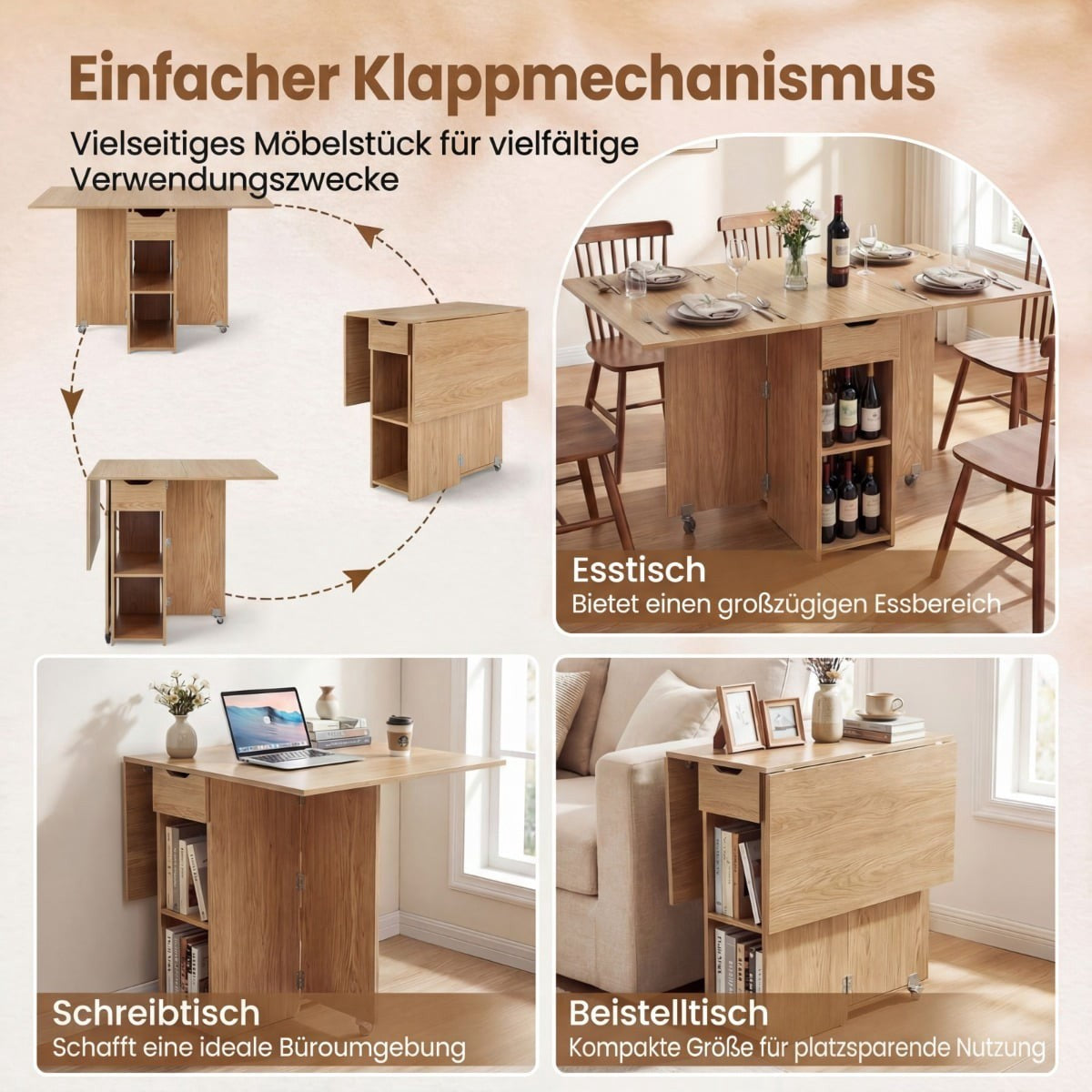 Folding Dining Table with Wheels, Shelves, Drawer