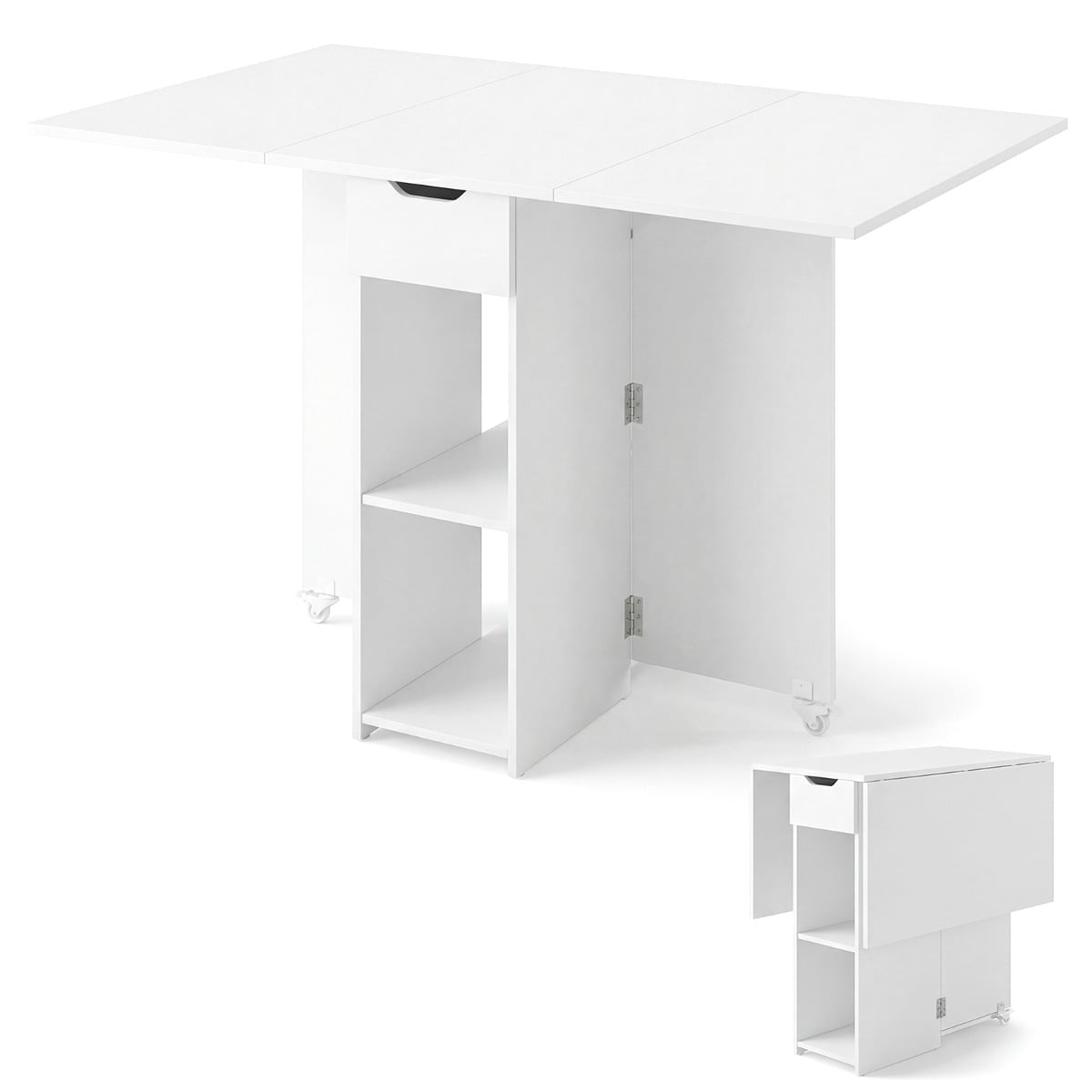 Folding Dining Table with Wheels, Shelves, Drawer – White