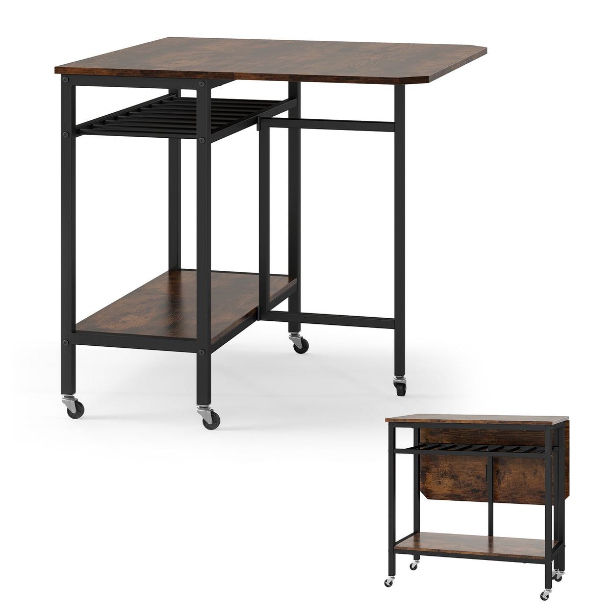 Folding Dining Table with Wheels & Wine Rack, Rustic Brown