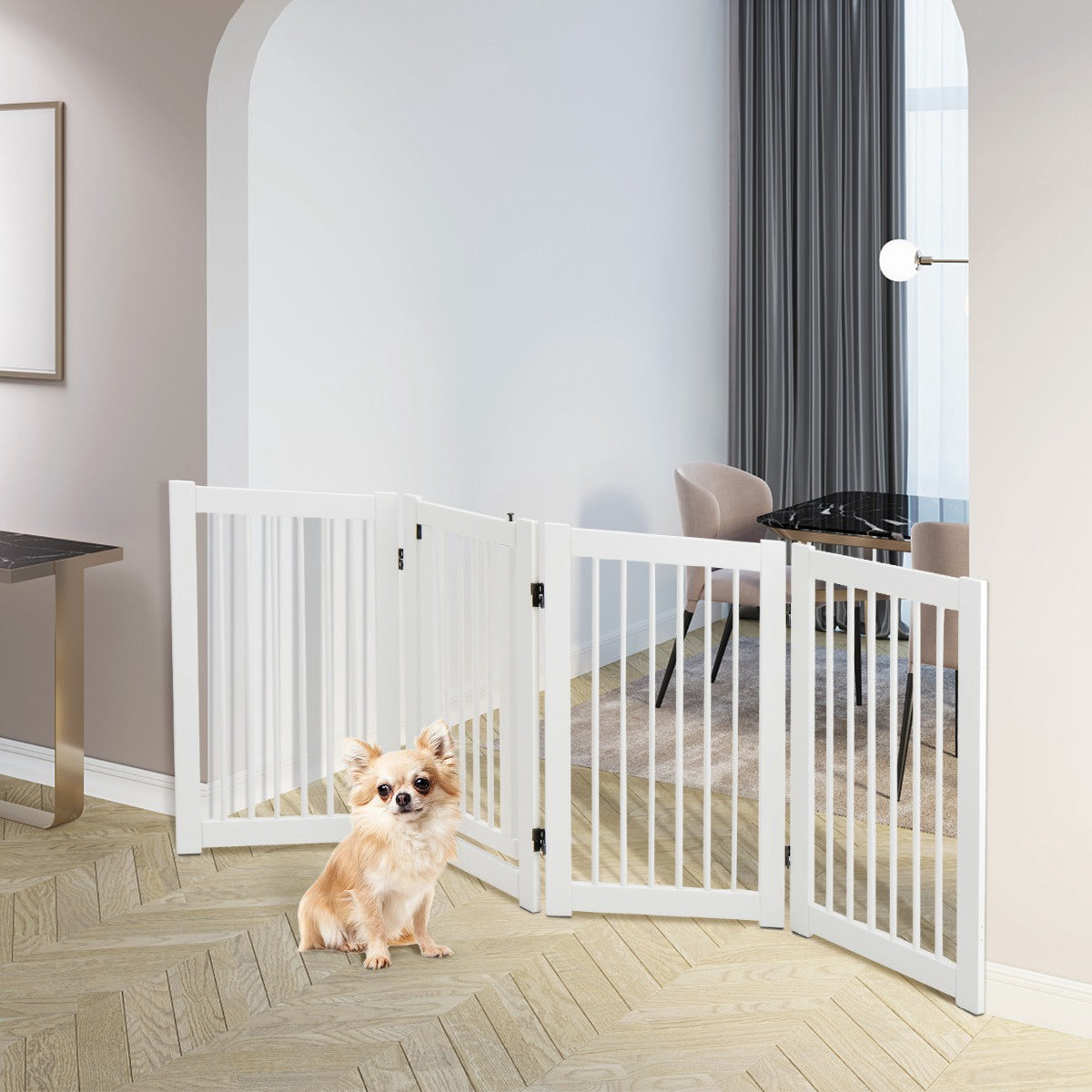 Folding Dog Gate, 4-Panel Pine Wood, Walk-Through Door, White