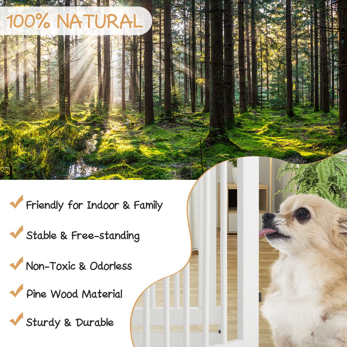 Folding Dog Gate, 4-Panel Pine Wood, Walk-Through Door, White