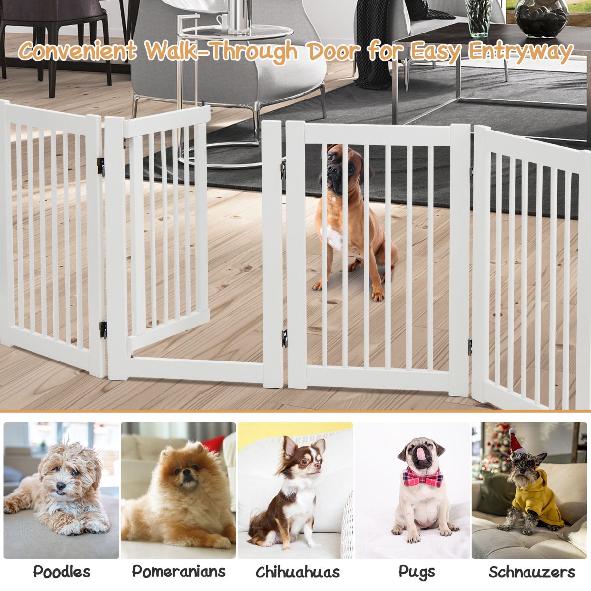 Folding Dog Gate, 4-Panel Pine Wood, Walk-Through Door, White
