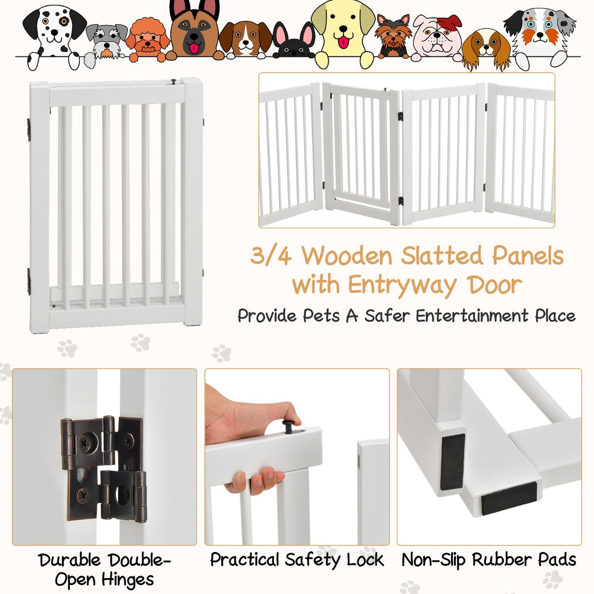 Folding Dog Gate, 4-Panel Pine Wood, Walk-Through Door, White
