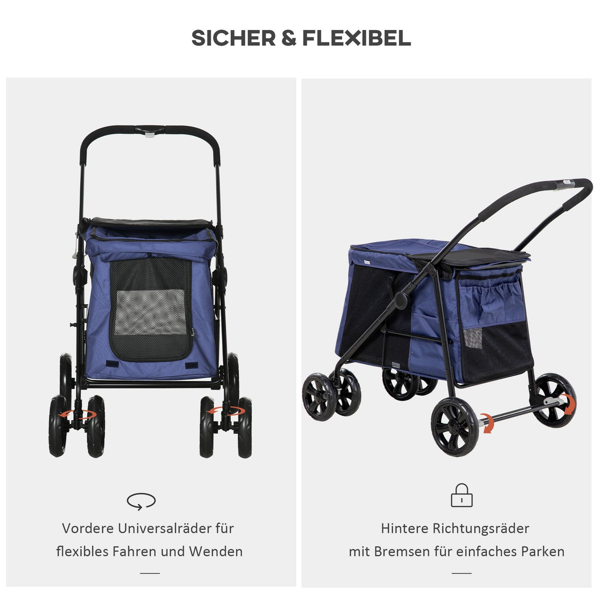 Folding Dog Stroller With Cushion, Side Pockets, Mesh Window, For Small And Medium Dogs Up To 20Kg, Oxford Cloth, Blue