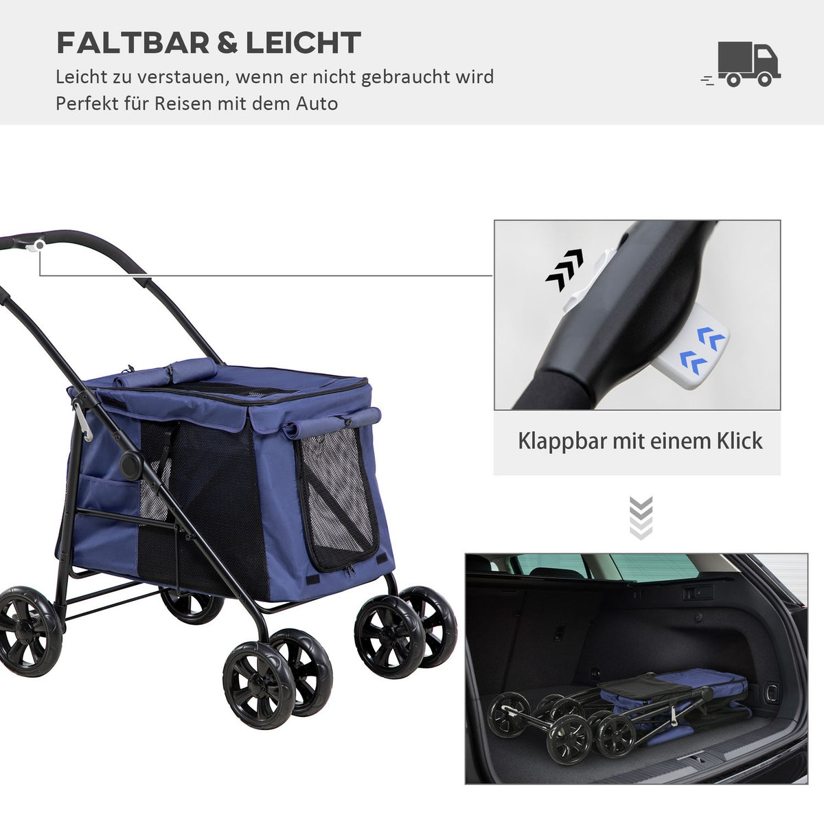 Folding Dog Stroller With Cushion, Side Pockets, Mesh Window, For Small And Medium Dogs Up To 20Kg, Oxford Cloth, Blue
