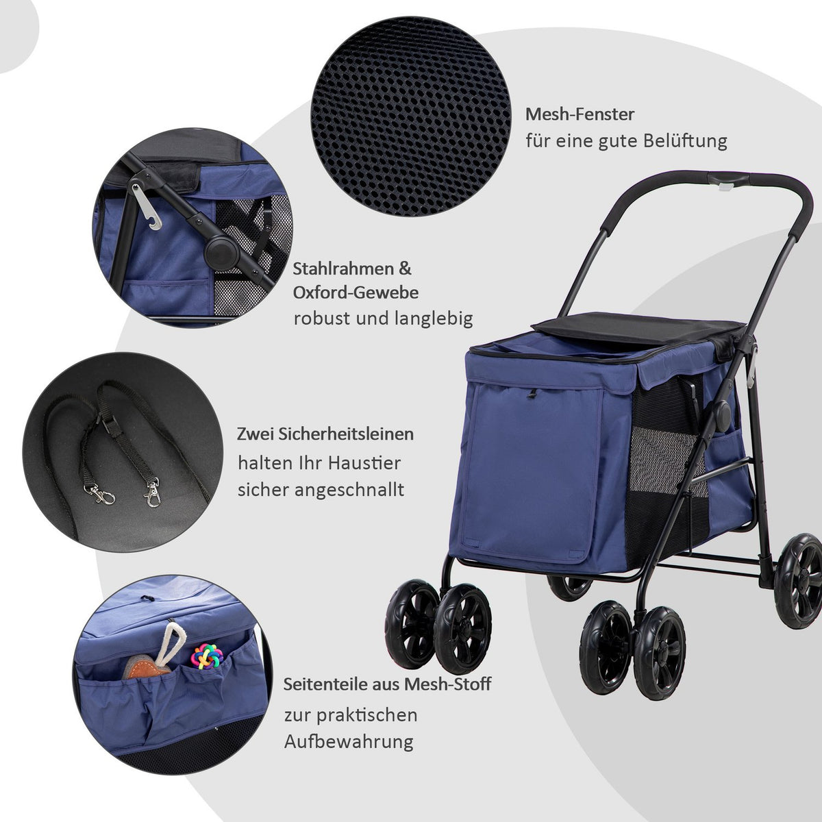 Folding Dog Stroller With Cushion, Side Pockets, Mesh Window, For Small And Medium Dogs Up To 20Kg, Oxford Cloth, Blue