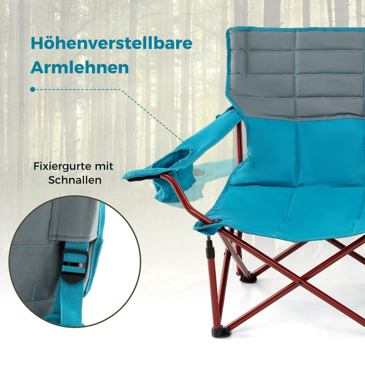Folding Double Camping Chair, Adjustable Armrests, Navy