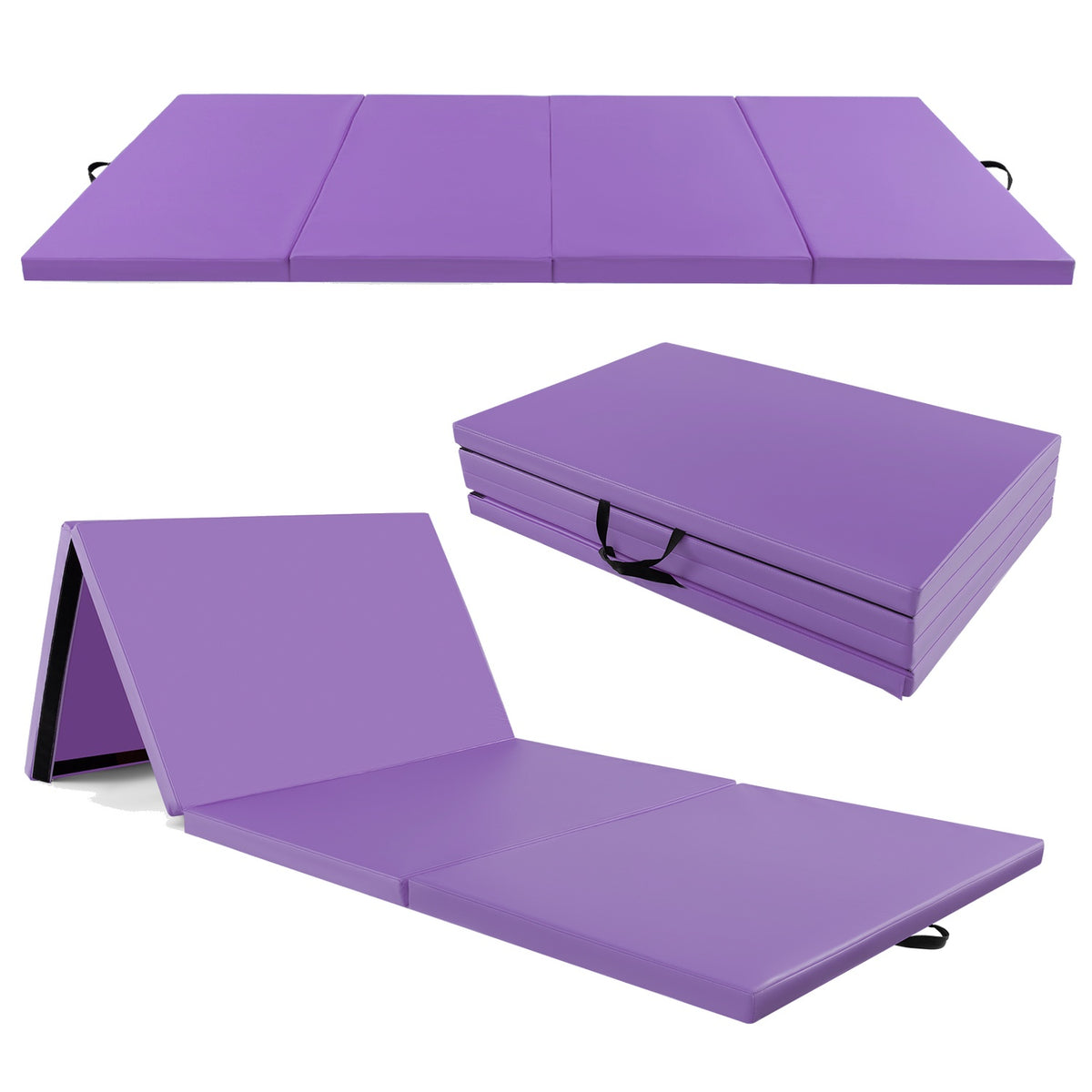 Folding Exercise Mat, 4-Panel PU Leather, Handles, Purple