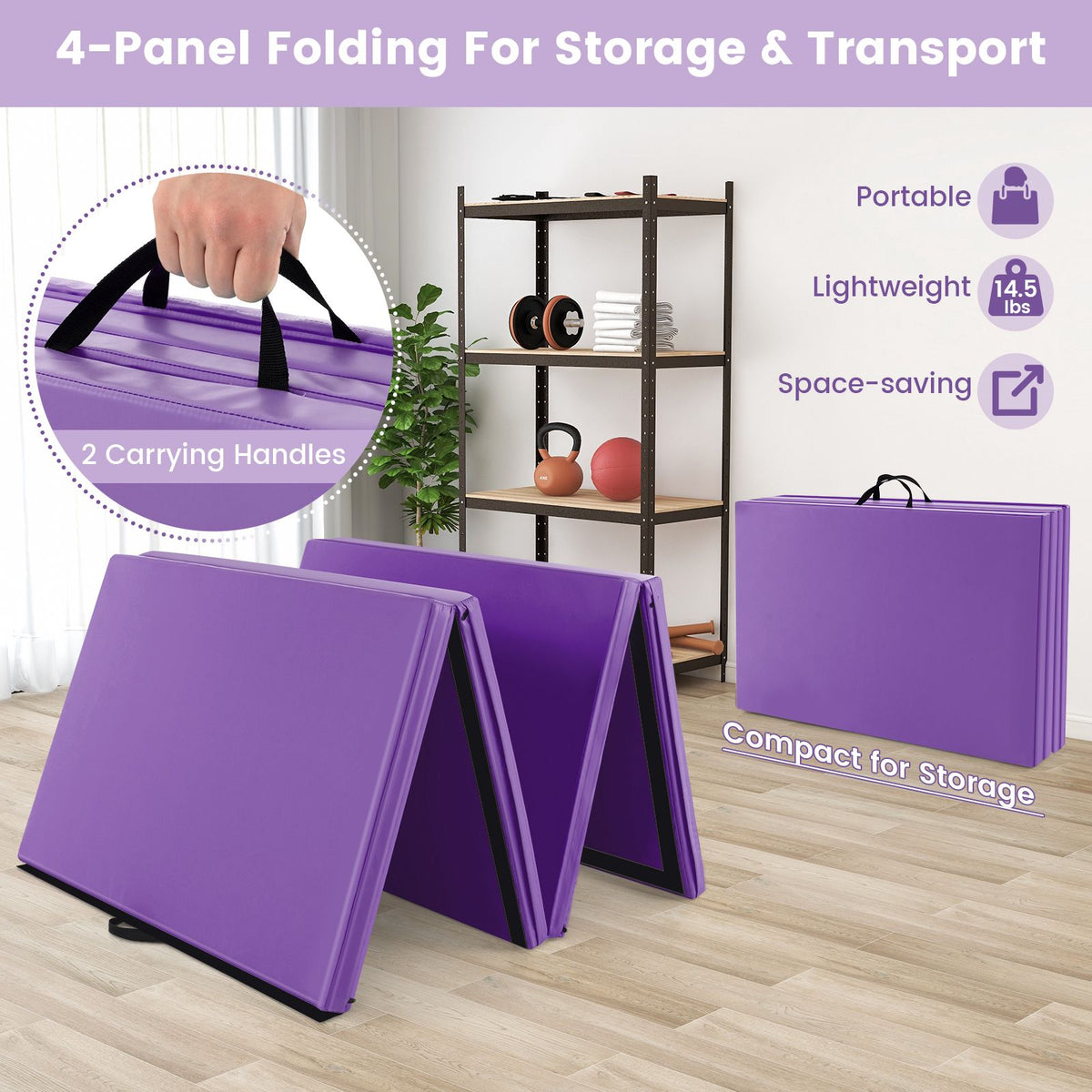 Folding Exercise Mat, 4-Panel PU Leather, Handles, Purple