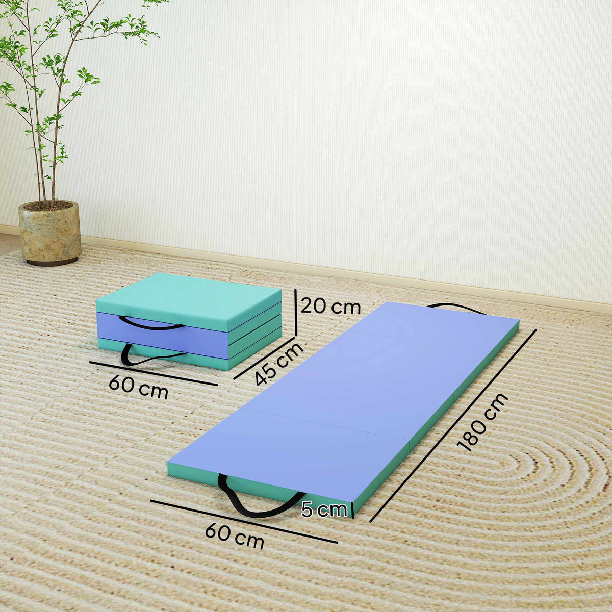 Folding Fitness Mat with Handle, 180x60x5 cm, Green/Purple