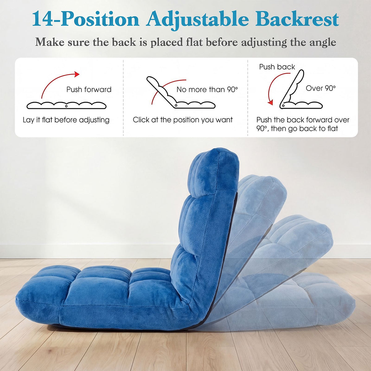 Folding Floor Chair, 14-Position Backrest, Blue