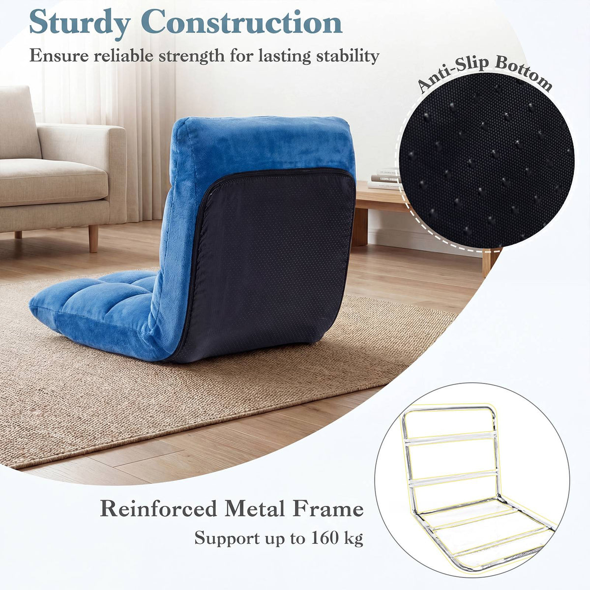 Folding Floor Chair, 14-Position Backrest, Blue