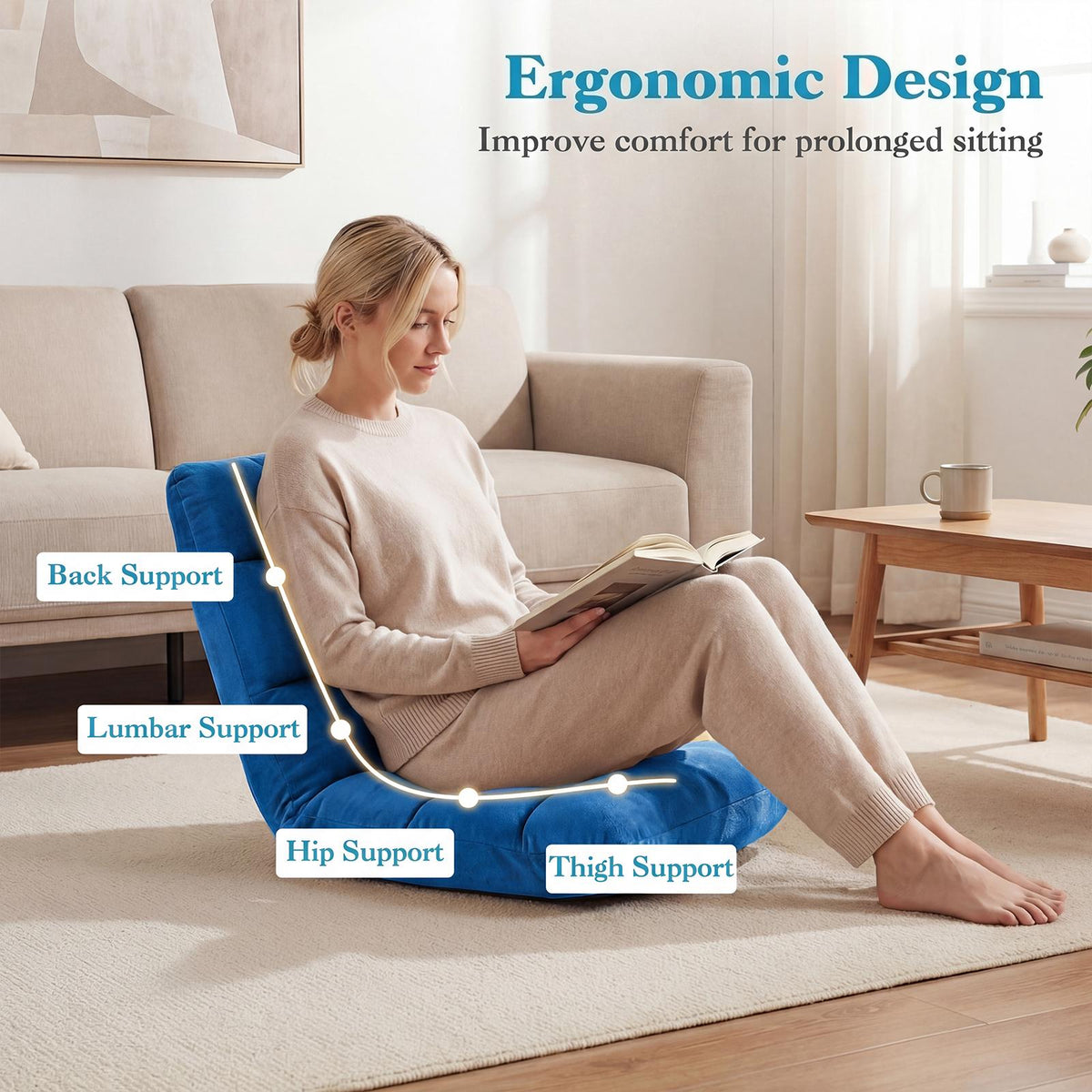 Folding Floor Chair, 14-Position Backrest, Blue