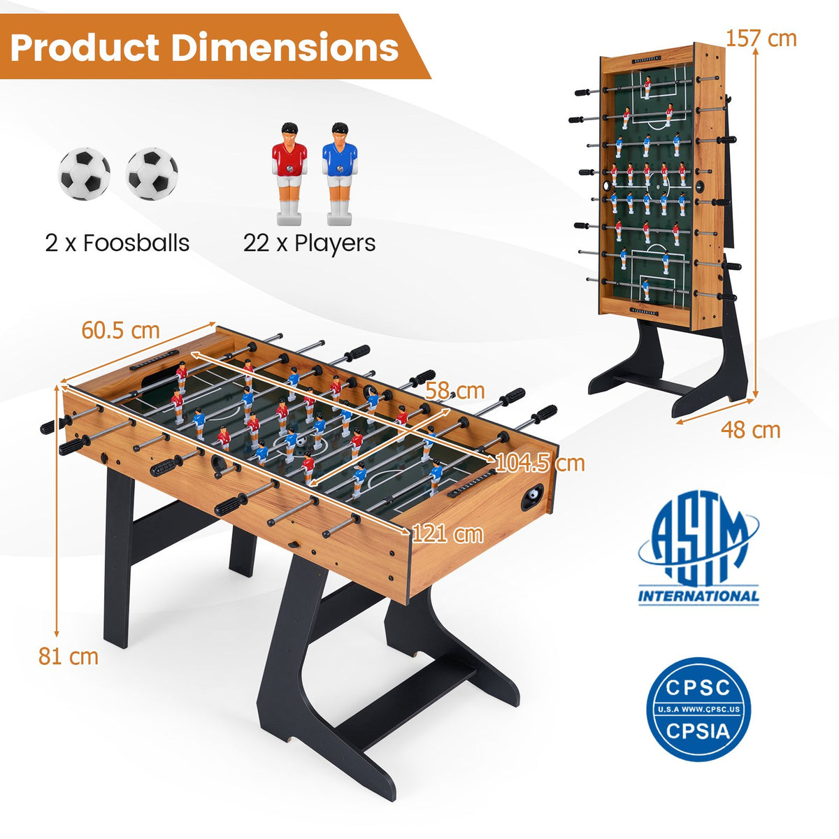 Folding Foosball Table With 22 Players, Slide Scorers