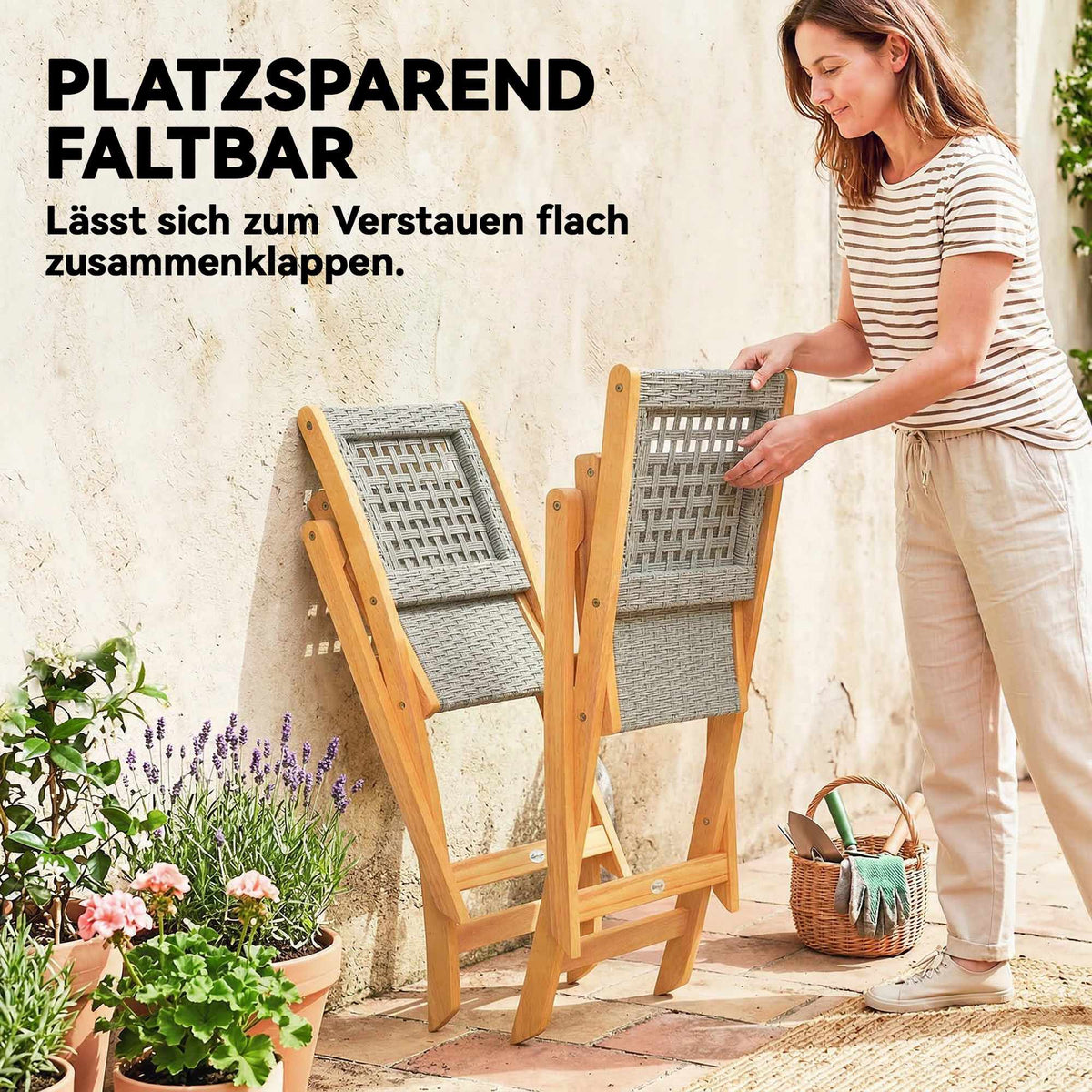 Folding Garden Chairs Set of 2, Acacia Wood & PE Rattan