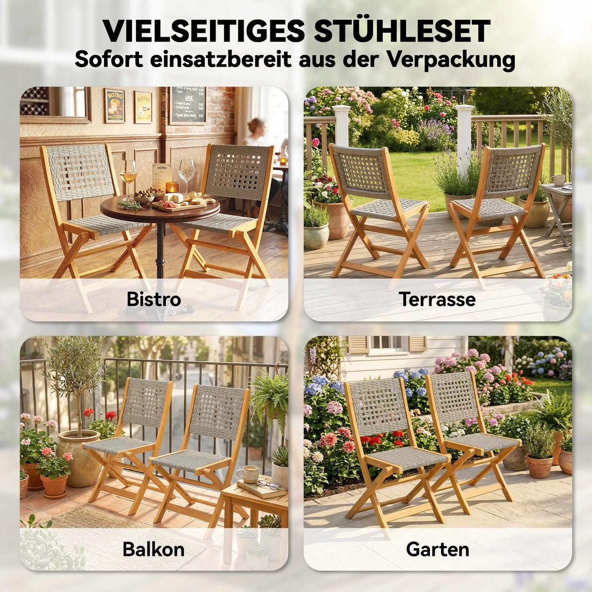 Folding Garden Chairs Set of 2, Acacia Wood & PE Rattan