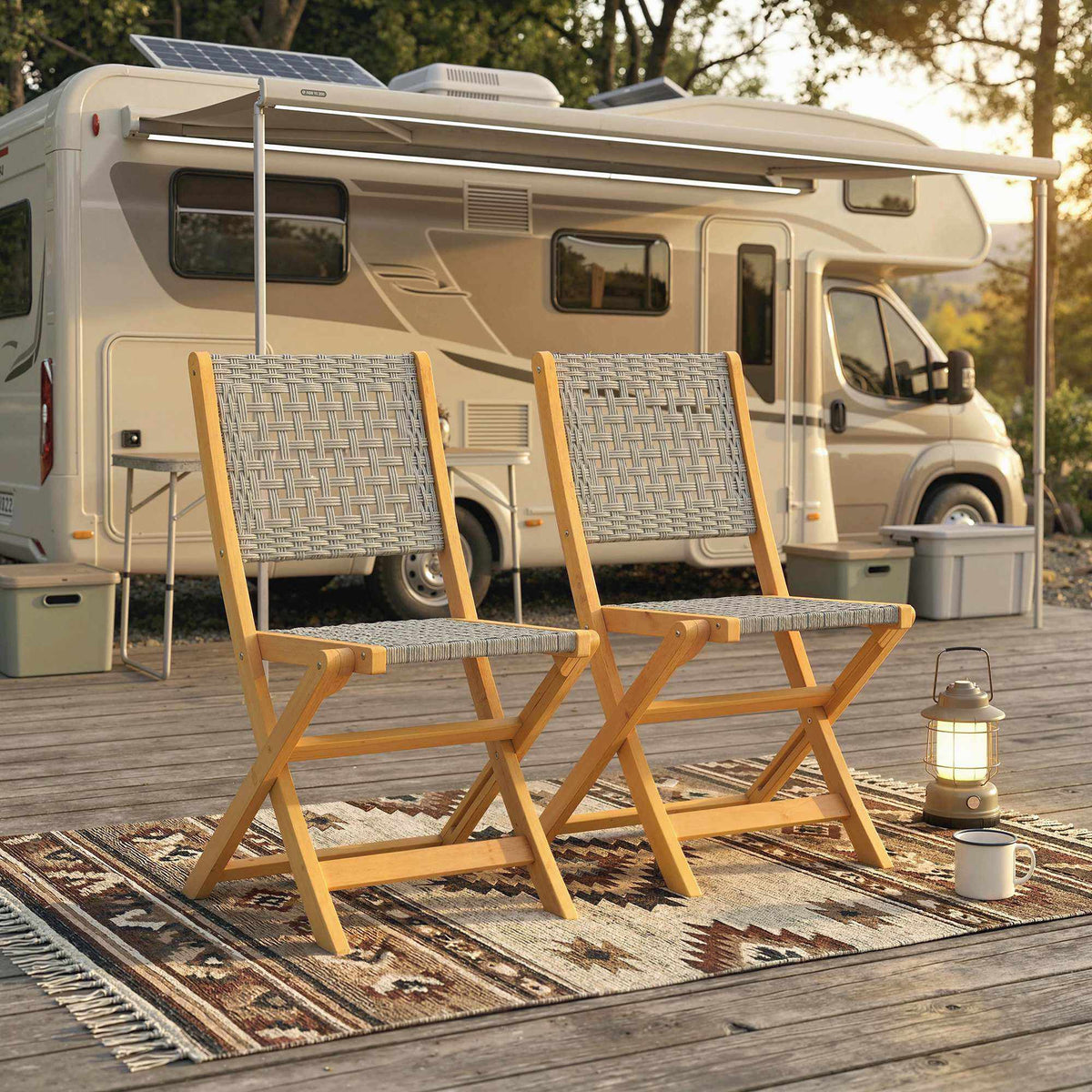 Folding Garden Chairs Set of 2, Acacia Wood & PE Rattan