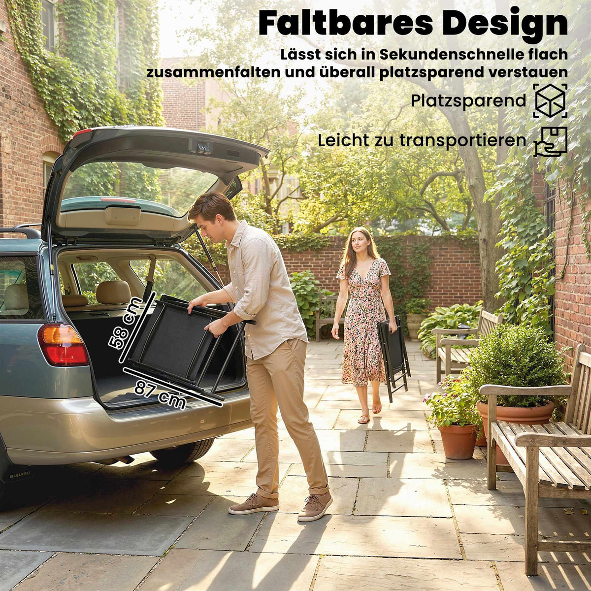 Folding Garden Chairs Set of 2, Steel & Texteline, Black