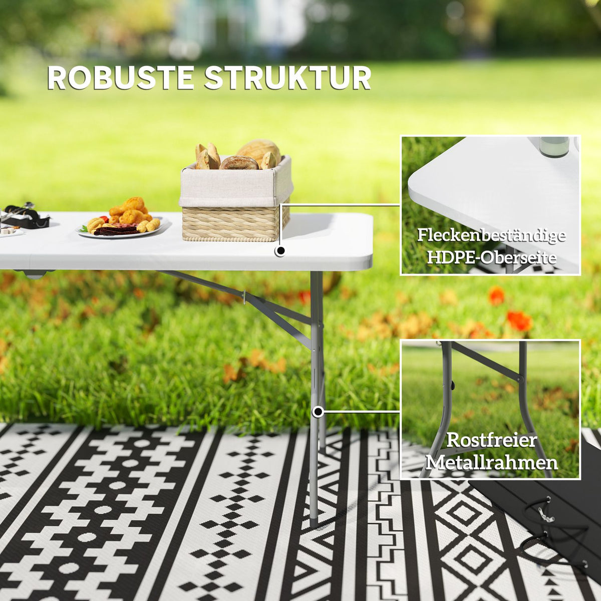 Folding Garden Table 180 x 74 cm Weatherproof Buffet Table with Carrying Handle Folding Table Camping Table for Garden Patio and Balcony White