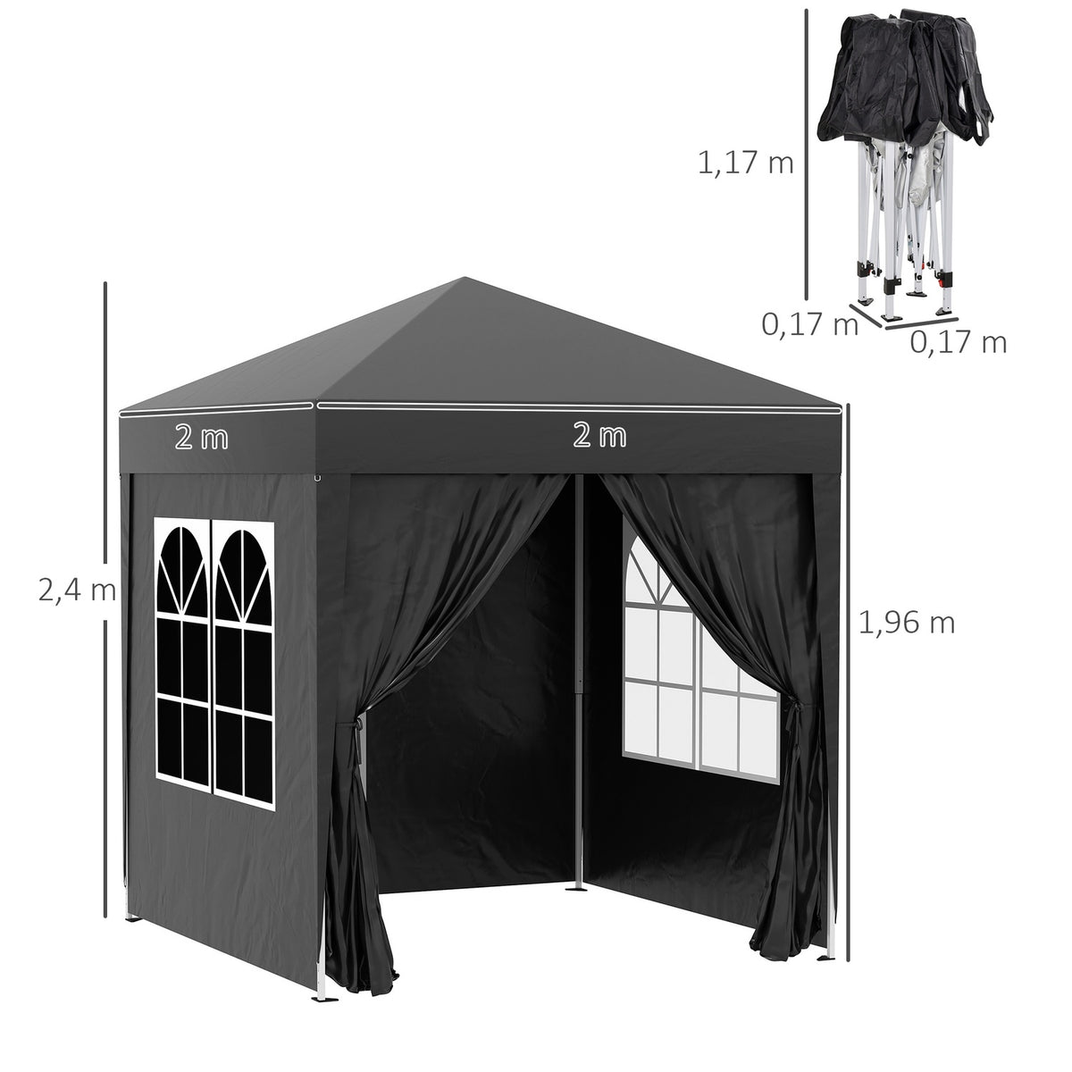 Folding Gazebo 2 X 2M Gazebo With 4 Side Walls, Window, Marquee With Uv Protection, Garden Tent With Carry Bag, Steel Oxford, Black