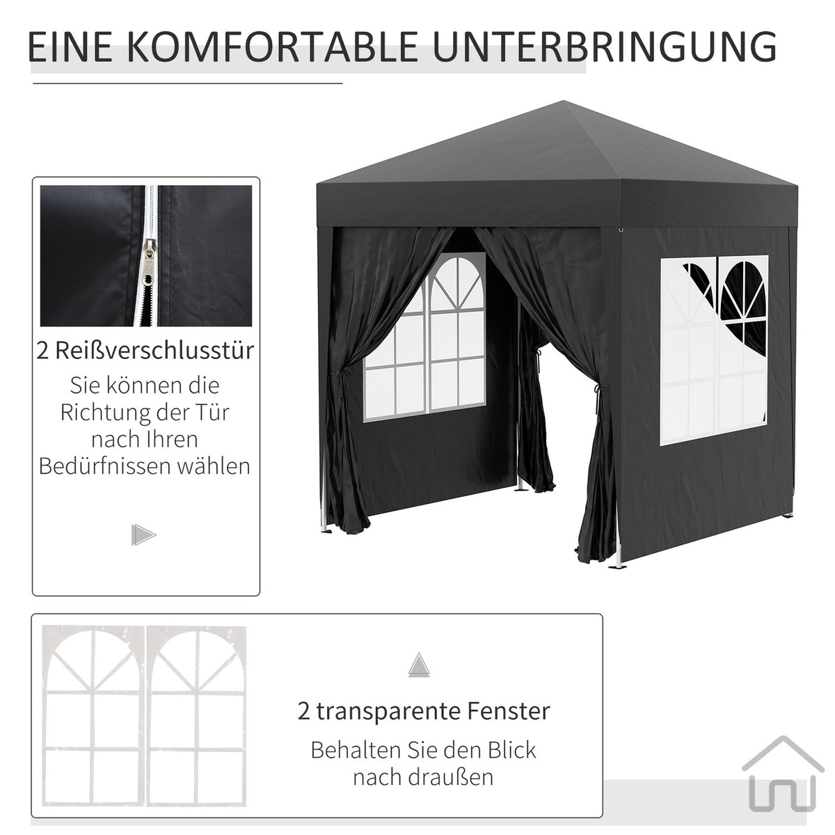 Folding Gazebo 2 X 2M Gazebo With 4 Side Walls, Window, Marquee With Uv Protection, Garden Tent With Carry Bag, Steel Oxford, Black
