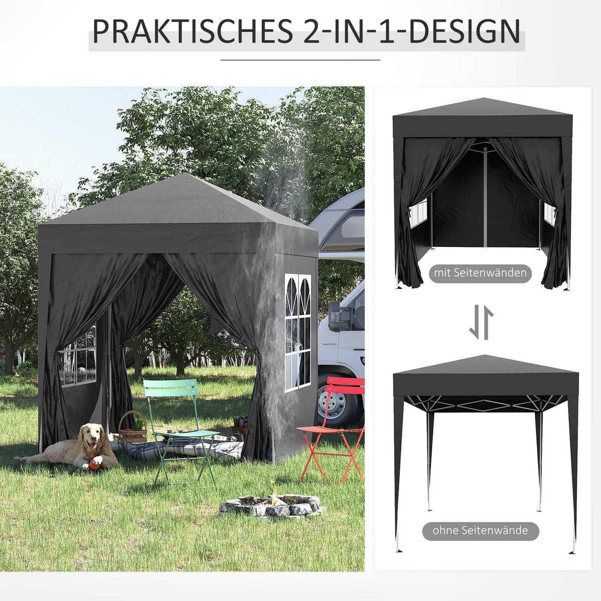 Folding Gazebo 2 X 2M Gazebo With 4 Side Walls, Window, Marquee With Uv Protection, Garden Tent With Carry Bag, Steel Oxford, Black