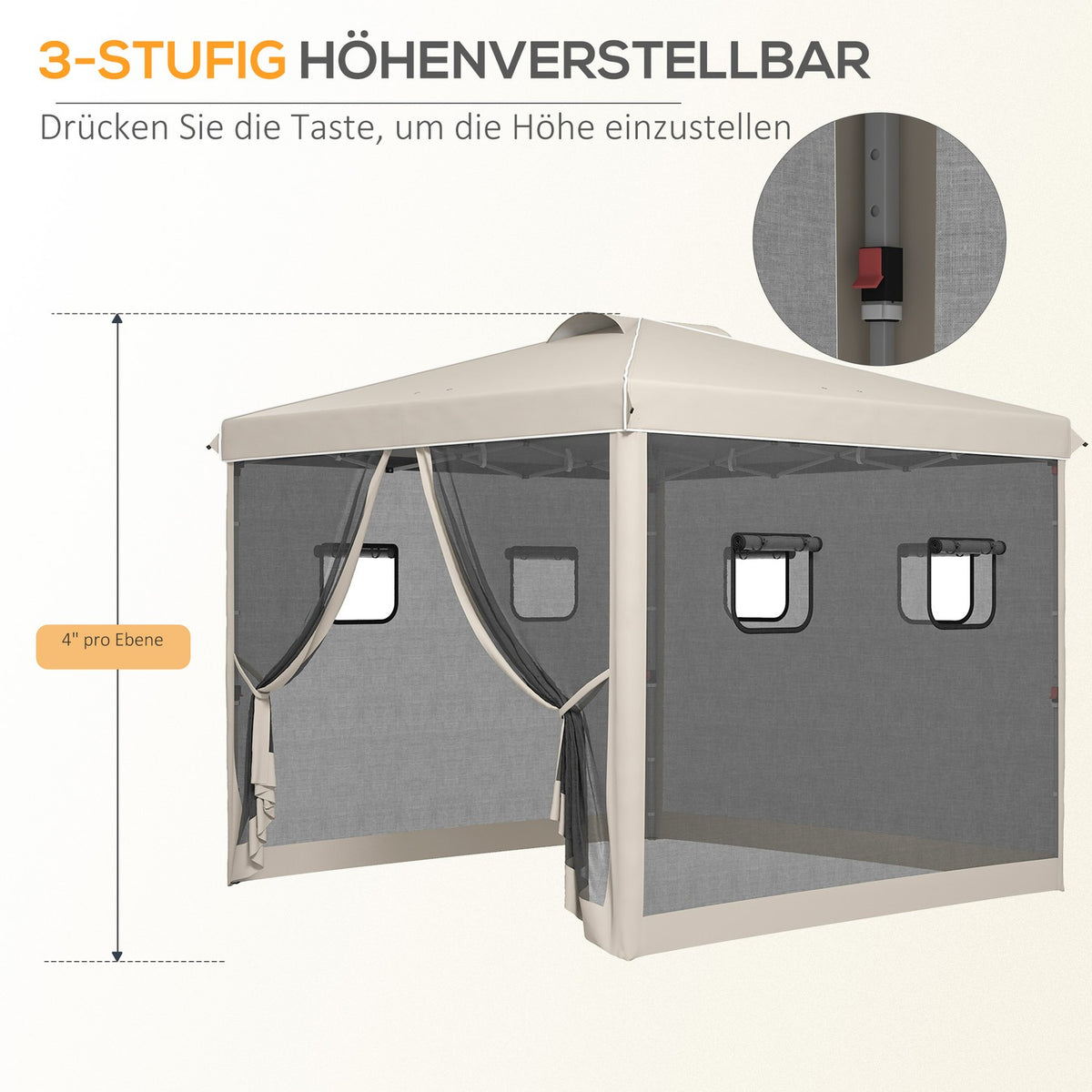 Folding Gazebo 3X3M Gazebo With 4 Mesh Curtains, Uv Protection, Pop Up, Window, Carry Bag, Beige