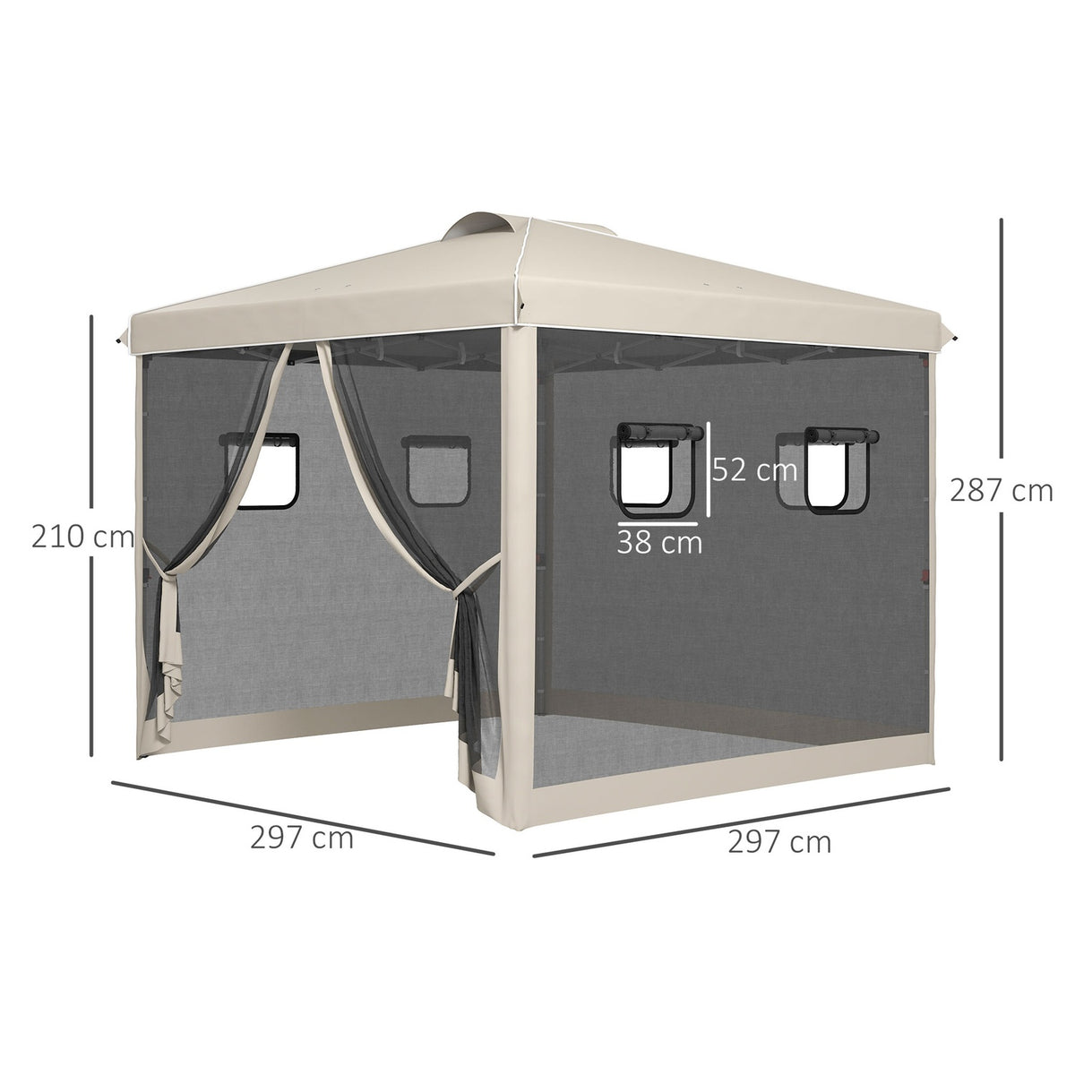 Folding Gazebo 3X3M Gazebo With 4 Mesh Curtains, Uv Protection, Pop Up, Window, Carry Bag, Beige