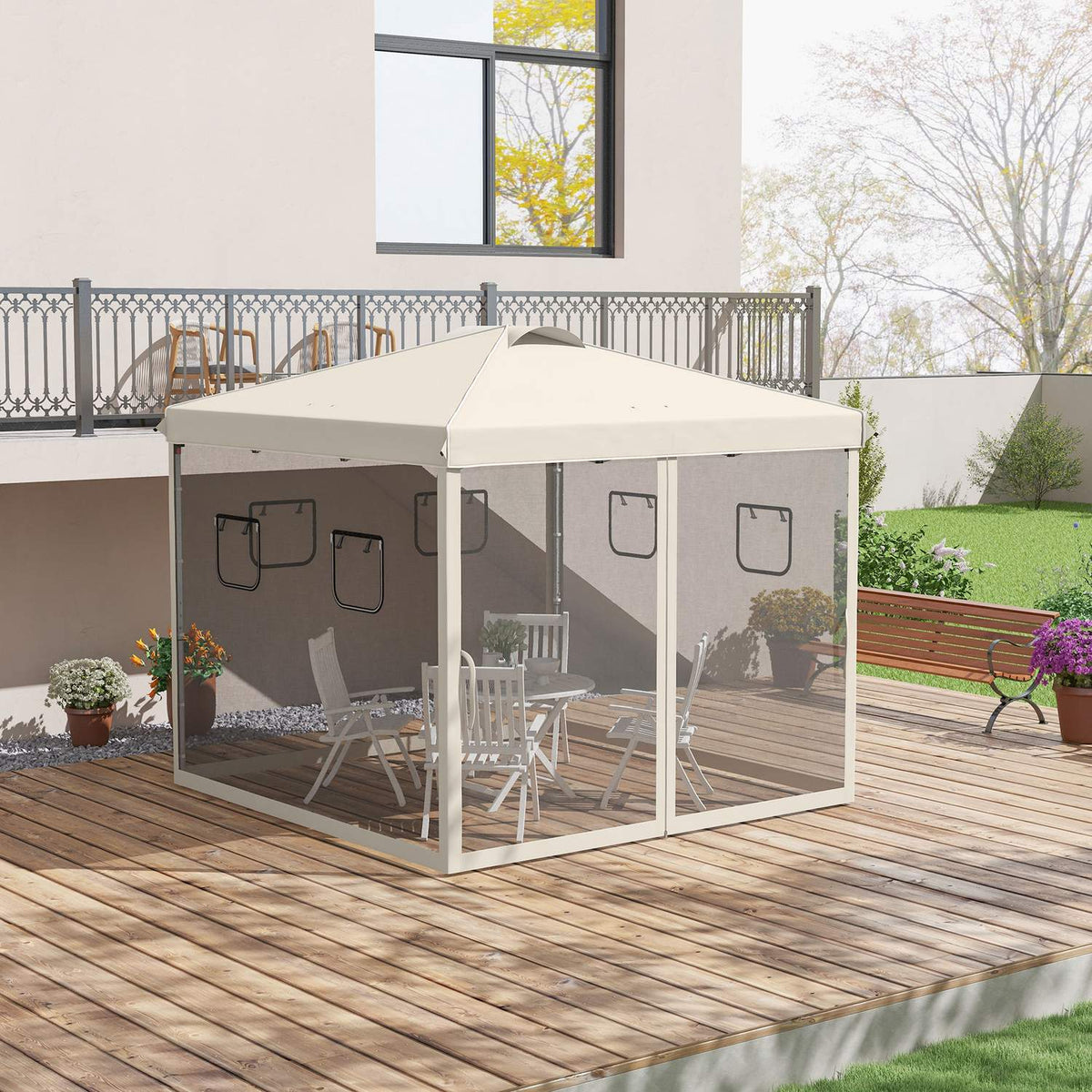 Folding Gazebo 3X3M Gazebo With 4 Mesh Curtains, Uv Protection, Pop Up, Window, Carry Bag, Beige