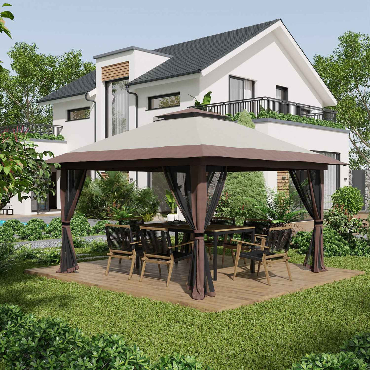 Folding Gazebo 4X4M Height-Adjustable Garden Gazebo With Uv Protection & Mesh Curtains, Double Roof, Beige