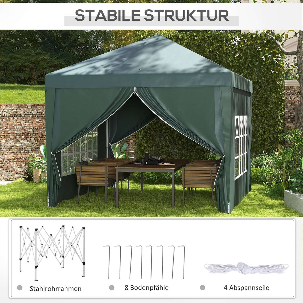 Folding Gazebo Approx. 3 X 3 M Gazebo With 4 Side Walls, Window, Marquee With Uv Protection, Garden Tent Including Carrying Bag, Steel Oxford, Green