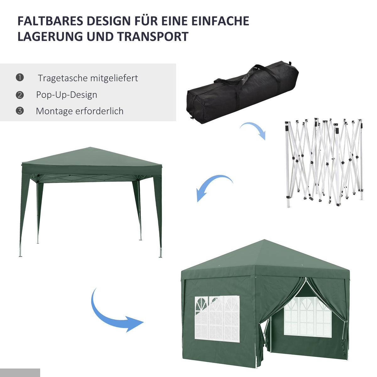 Folding Gazebo Approx. 3 X 3 M Gazebo With 4 Side Walls, Window, Marquee With Uv Protection, Garden Tent Including Carrying Bag, Steel Oxford, Green