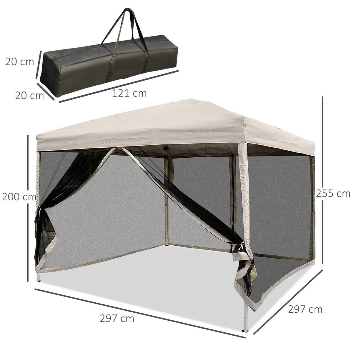 Folding Gazebo Gazebo Folding Tent With Side Walls & Carry Bag, Steel + Oxford, Beige, 3X3X2.55M