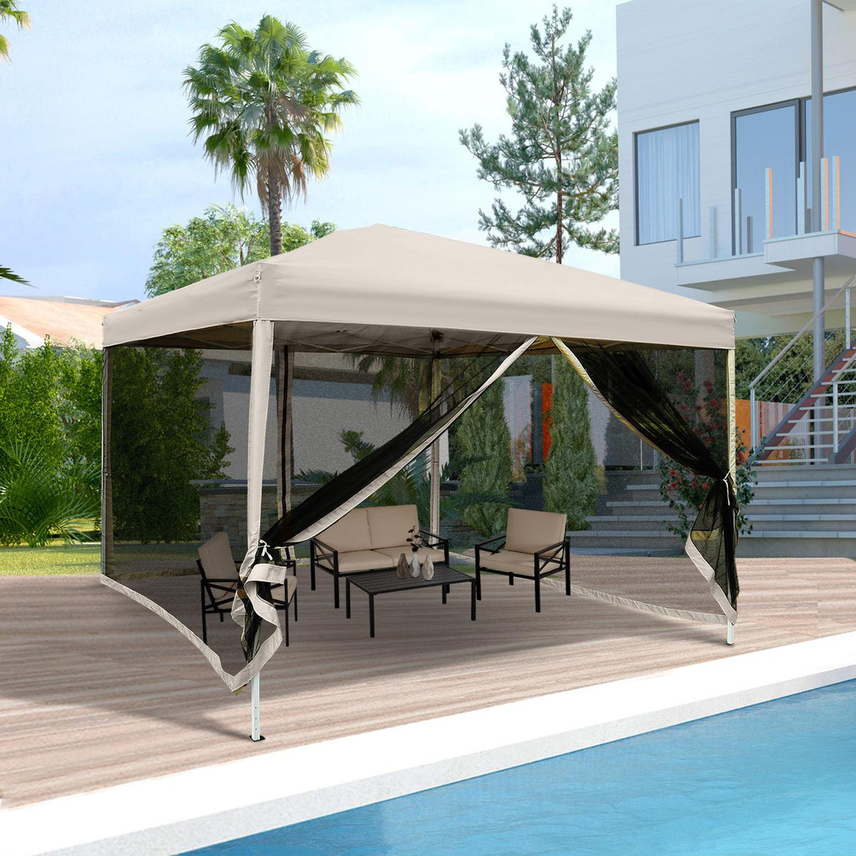 Folding Gazebo Gazebo Folding Tent With Side Walls & Carry Bag, Steel + Oxford, Beige, 3X3X2.55M