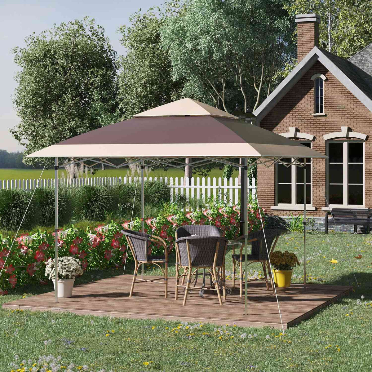Folding Gazebo Pop Up Tent Garden Gazebo Roll Bag Oxford Fabric 3.6 X 3.6 M Dark Brown + Khaki