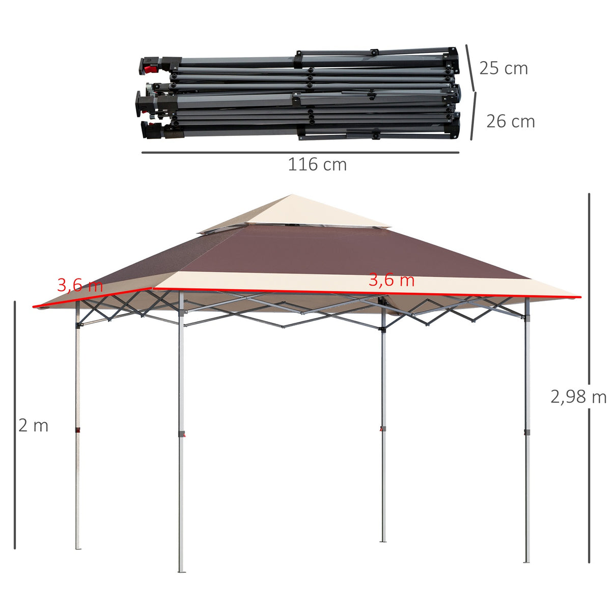 Folding Gazebo Pop Up Tent Garden Gazebo Roll Bag Oxford Fabric 3.6 X 3.6 M Dark Brown + Khaki