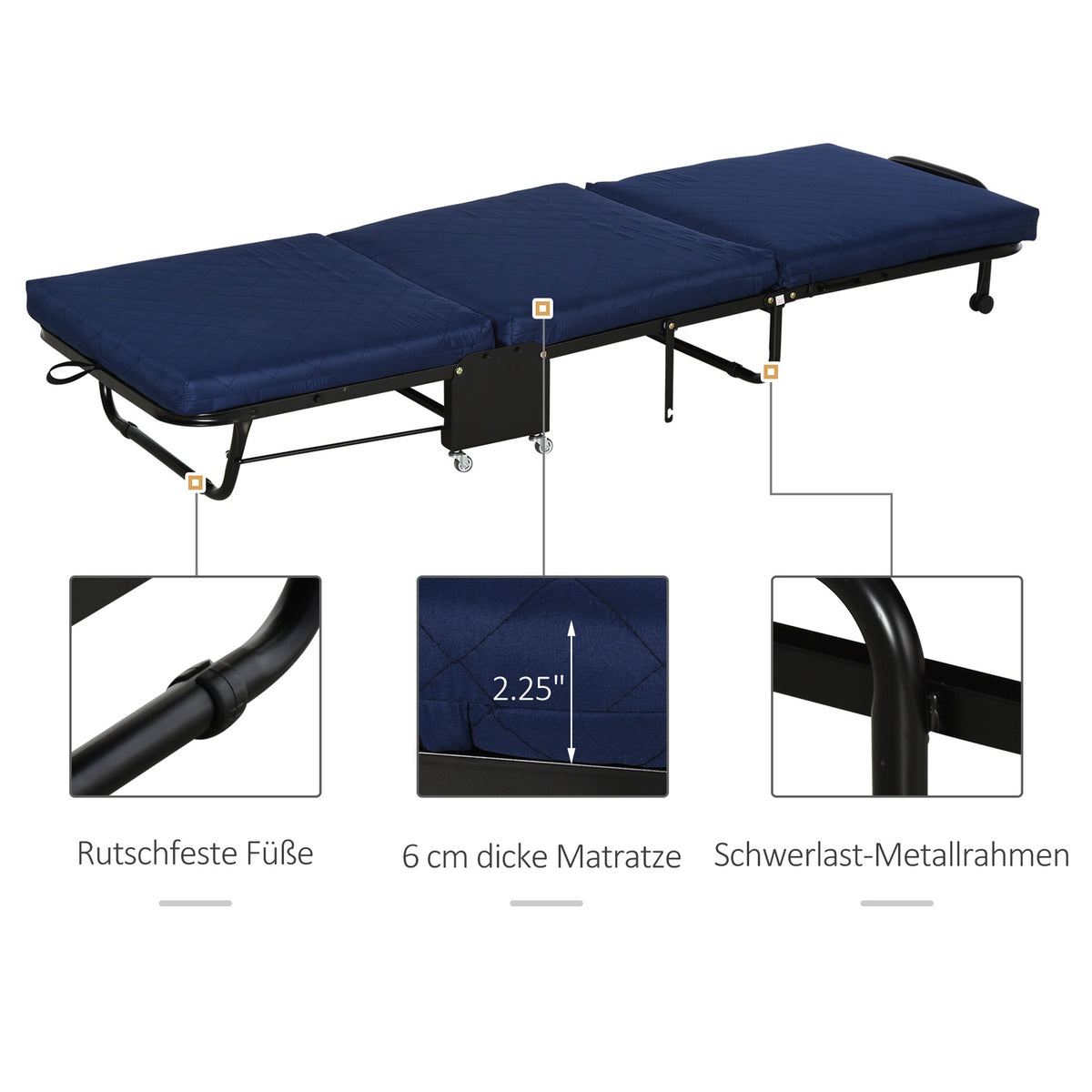 Folding Guest Bed 2-in-1 Adjustable Headboard Height Wheels Steel Foam Blue 184x65x26cm