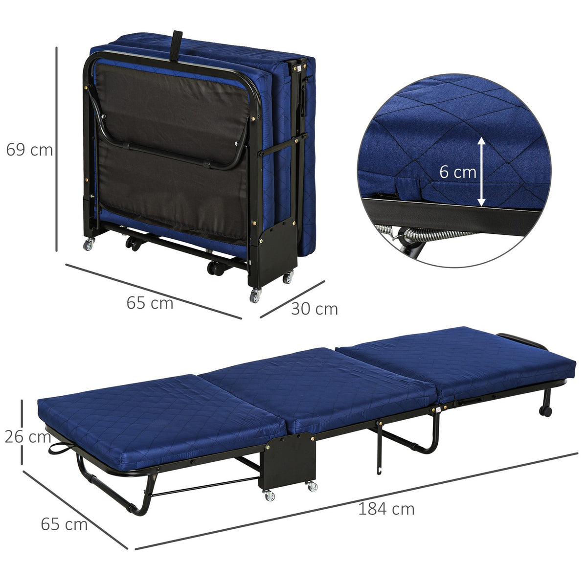 Folding Guest Bed 2-in-1 Adjustable Headboard Height Wheels Steel Foam Blue 184x65x26cm