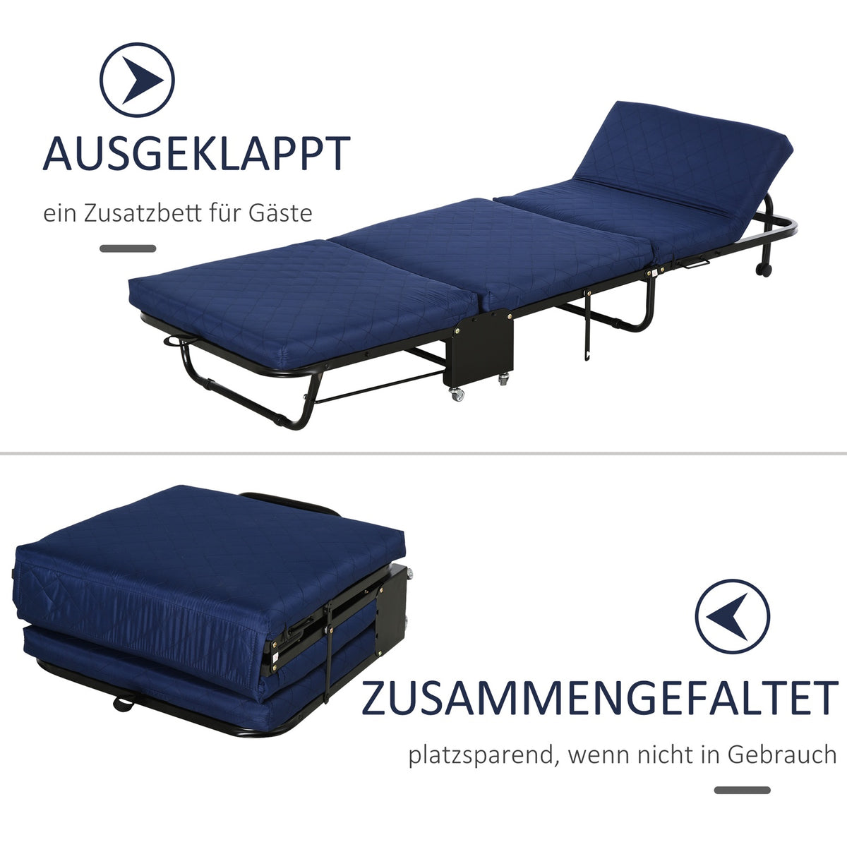 Folding Guest Bed 2-in-1 Adjustable Headboard Height Wheels Steel Foam Blue 184x65x26cm