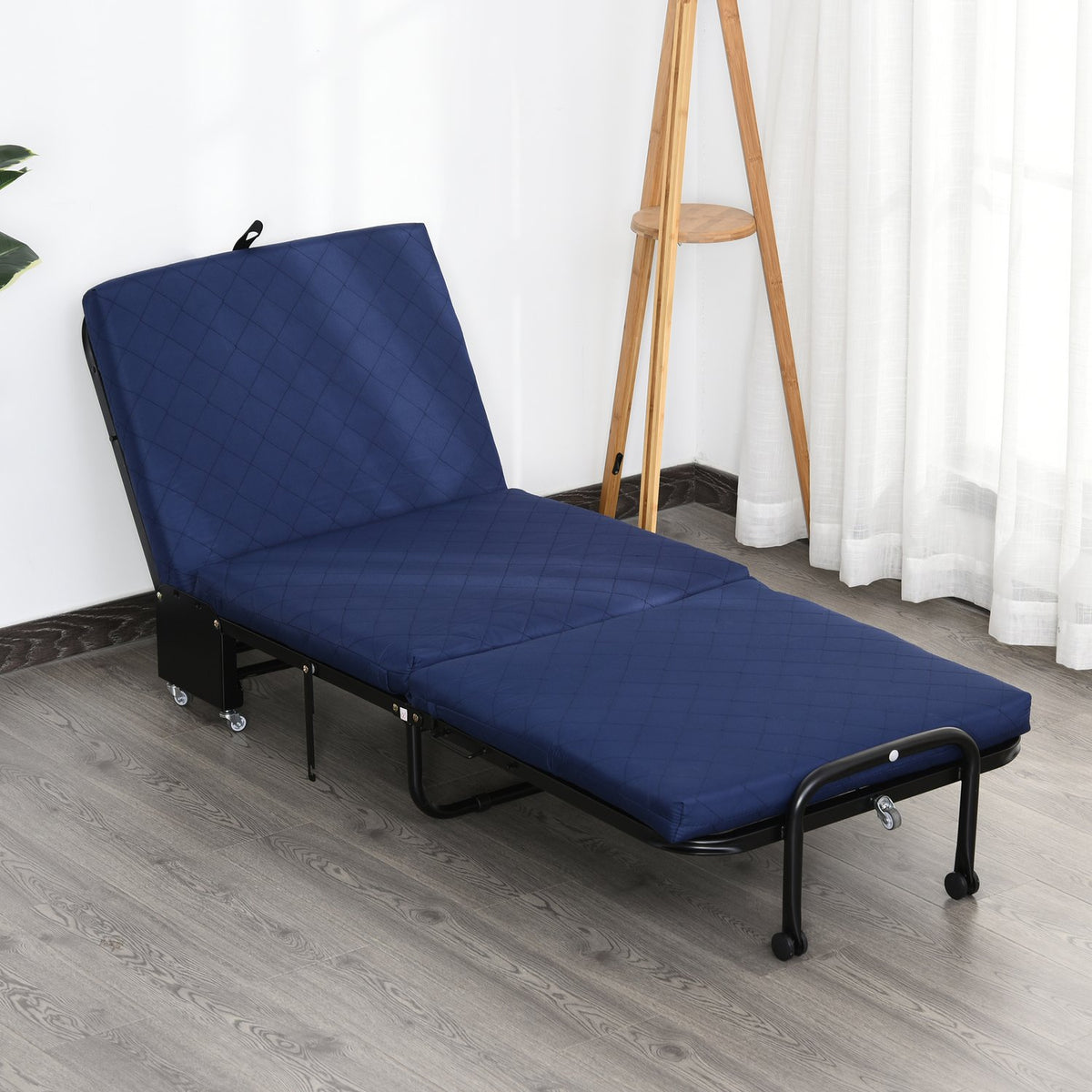 Folding Guest Bed 2-in-1 Adjustable Headboard Height Wheels Steel Foam Blue 184x65x26cm