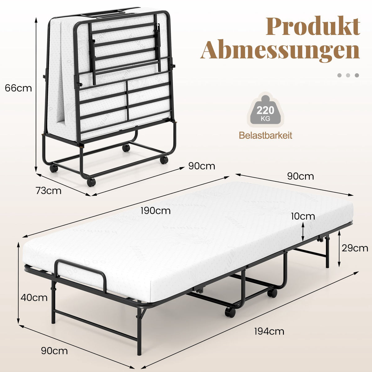 Folding Guest Bed with Mattress, Metal Frame, 220kg Capacity