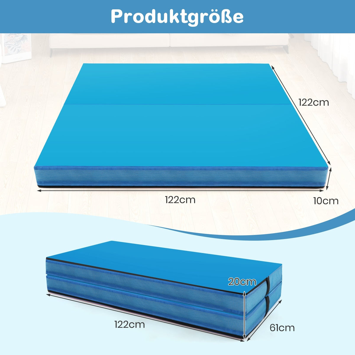 Folding Gymnastics Mat, 122x122x10 cm, Blue, EPE Foam